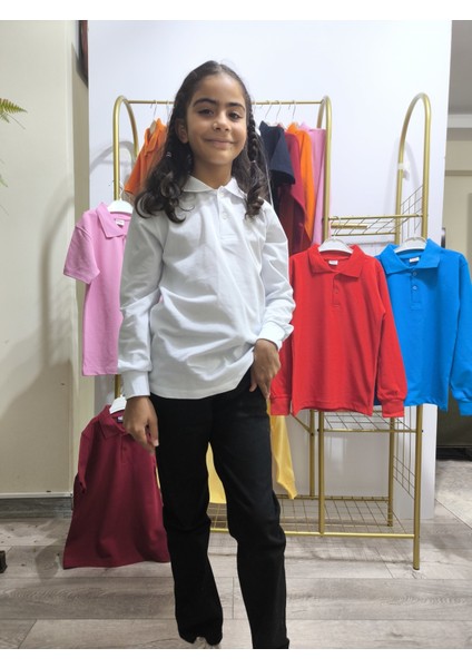 unisex Çocuk Genç Polo Yaka Uzun Kol Okul Günlük Tişört, Nefes Alabilen Kumaş