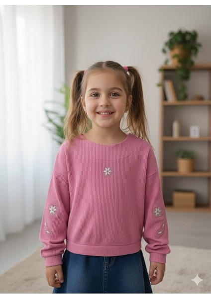 kız Çocuk Fitilli Taş Işlemeli Nakışlı Sweat Bluz Kaşkorse