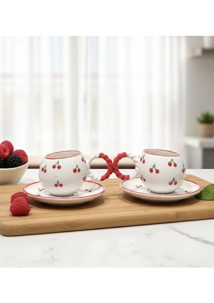 Kiraz Desenli Özel Kabartmalı El Işlemeli 4 Parça 2 Kişilik Fincan Takımı fiyatları