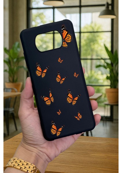 Poco X3 ve X3 Pro Uyumlu Turuncu Kelebek Desenli Silikon Darbe Emici Klasik Korumalı Rubber Kılıf