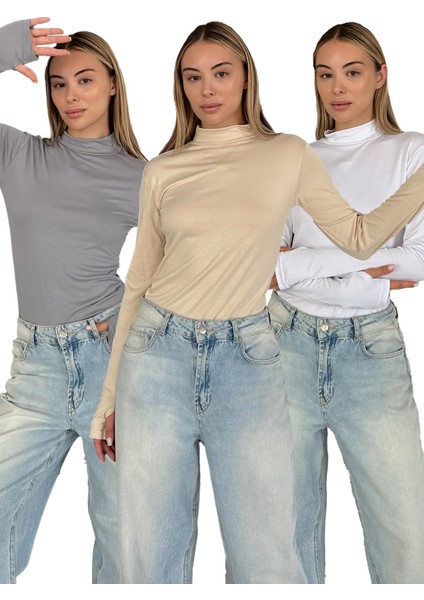 Kadın 3'lü Set Parmak Detaylı Body