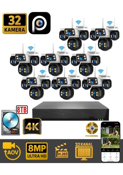 HiEasy 32 Kameralı 8MP NVR Güvenlik Seti (8TB HDD Dahil) – 4K AOV PTZ Kontrol H.265+ 7/24 Kayıt