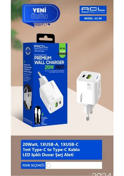 Acl Ac-96 20W 1xusb-A 1xusb-C 1mt Type-C To Type-C Kablo Duvar Şarj Aleti modelleri