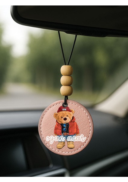 Kişiye Özel Isim Yazılı 1.sınıf Deri Ahşap Dekorlu Dikiz Aynası Süsü Pudra Pembe - Teddy Bear