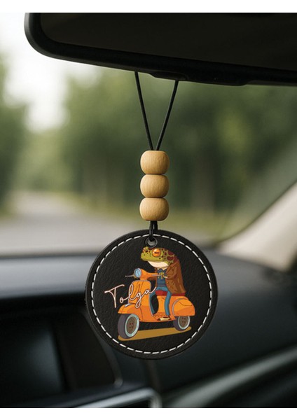 Kişiye Özel Isim Yazılı 1.sınıf Deri Oto Aksesuar Dikiz Aynası Süsü Siyah - Frog