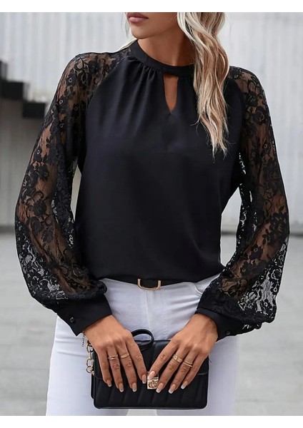 Kadın Uzun Dantel Kollu Yuvarlak Yakalı Sandy Bluz fiyatları