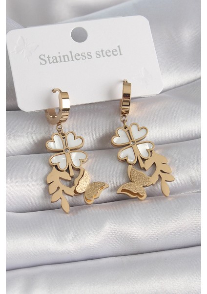 316L Çelik Gold Renk Beyaz Sedefli Yonca Simli Kelebek Figür Kadın Küpe - TJ-BKP9566