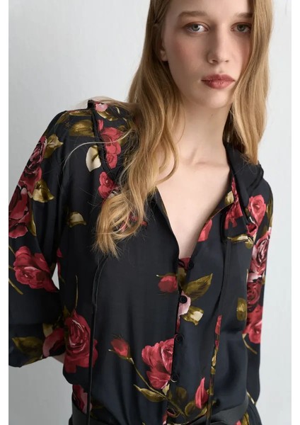 Anka Koleksiyonu Gül Desenli Viskon Bluz - Siyah fiyatları