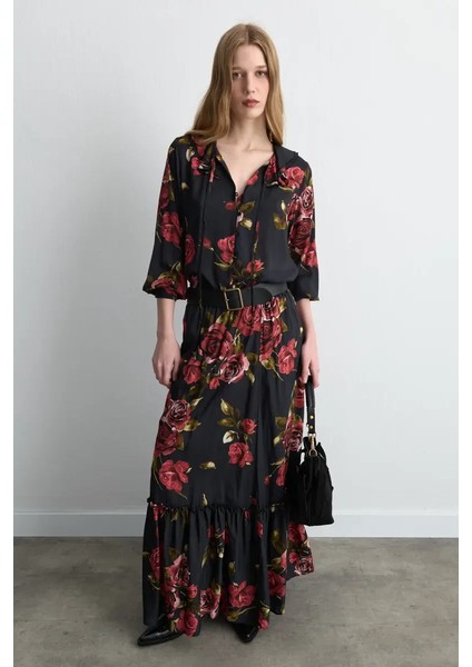 Anka Koleksiyonu Gül Desenli Viskon Bluz - Siyah fırsatları