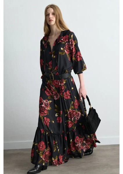 Anka Koleksiyonu Gül Desenli Viskon Bluz - Siyah indirimleri