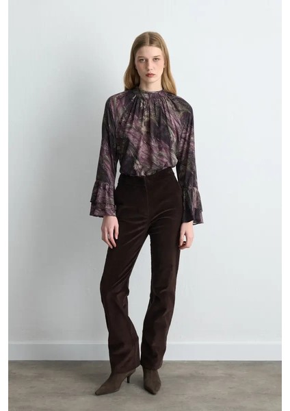 Anka Koleksiyonu Kolları Volanlı Dik Yakalı Viskon Bluz - Mürdüm