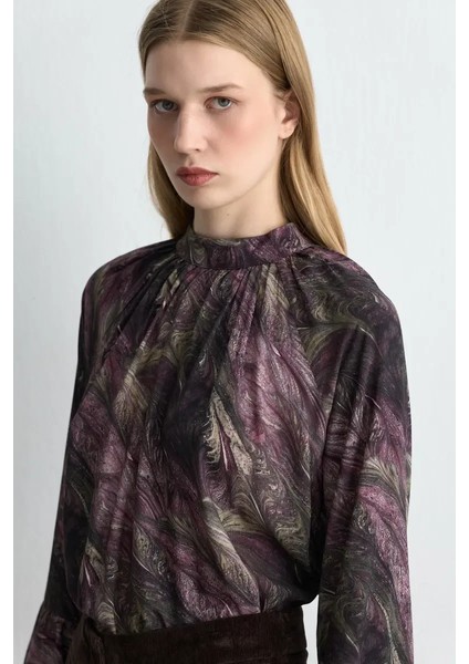 Anka Koleksiyonu Kolları Volanlı Dik Yakalı Viskon Bluz - Mürdüm fiyatları