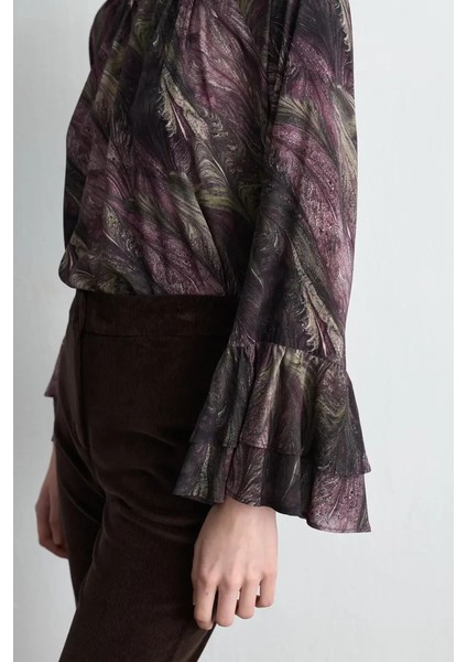 Anka Koleksiyonu Kolları Volanlı Dik Yakalı Viskon Bluz - Mürdüm fırsatları