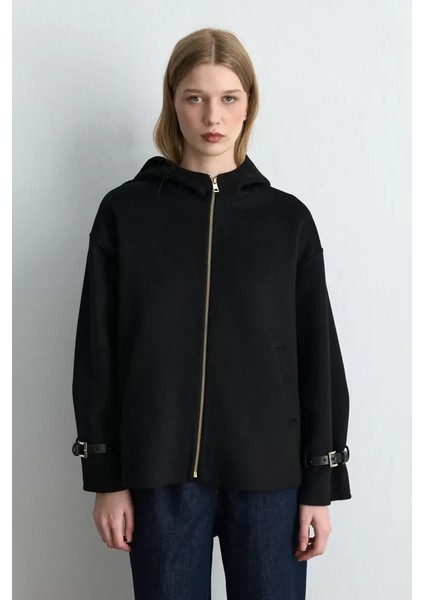 Kapüşonlu Astarsız Yün Kaban - Siyah fiyatları