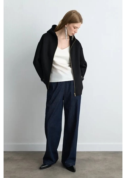 Kapüşonlu Astarsız Yün Kaban - Siyah modelleri