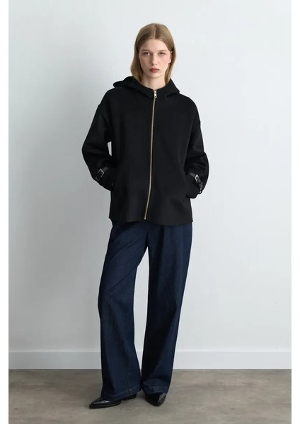 Kapüşonlu Astarsız Yün Kaban - Siyah fırsatları