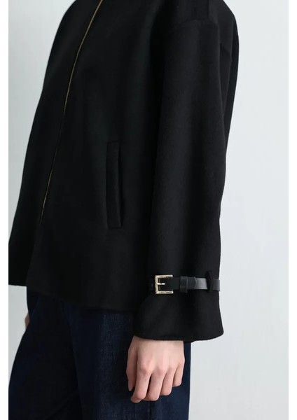 Kapüşonlu Astarsız Yün Kaban - Siyah indirimleri