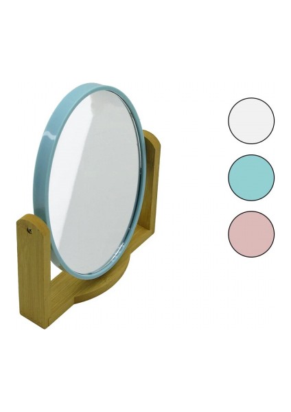 Oval 8 Inç= 20.5X15.5CM Ahşap Bambu Ayaklı Makyaj Aynası Çift Taraflı Renkli Plastik Çerçeve (5324)