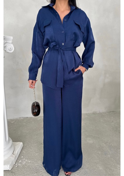 Simli Kumaş Salaş Pantolon - Gömlek Takım - Lacivert fiyatları