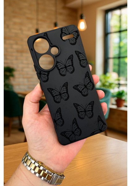 Redmi Note 13 Pro Plus Siyah Kelebek Desenli Silikon Darbe Emici Klasik Korumalı Rubber Kılıf
