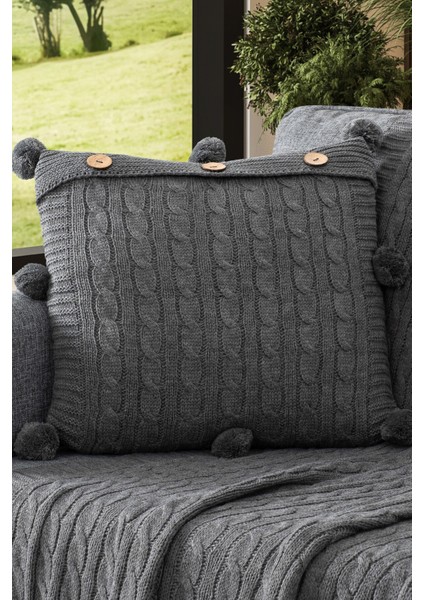 Ponponlu Triko Örme Kırlent Kılıfı - 40X40 cm Kare Yastık Kılıfı - Koyu Gri