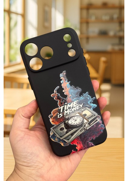 iPhone 17 Pro Uyumlu Tıme Is Money Silikon Darbe Emici Klasik Korumalı Rubber Kılıf