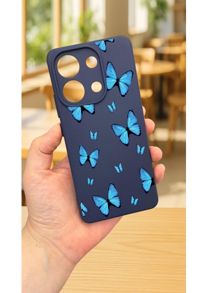 Redmi Note 13 4g Uyumlu Mavi Kelebek Desenli Silikon Darbe Emici Klasik Korumalı Rubber Kılıf