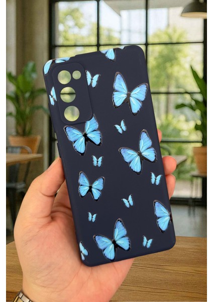 Samsung Galaxy S20 Fe - Mavi Kelebek Desenli Silikon Darbe Emici Klasik Korumalı Rubber Kılıf