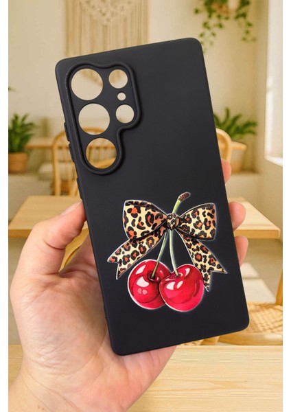 Samsung Galaxy S25 Ultra Uyumlu Kiraz Leopar Fiyonk Desenli Silikon Darbe Emici Rubber Kılıf