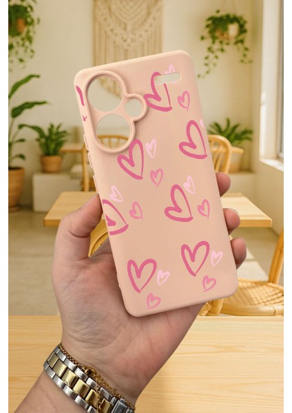 Xiaomi Redmi Note 13 Pro Plus Pembe Kalp Desenli Silikon Darbe Emici Klasik Korumalı Rubber Kılıf
