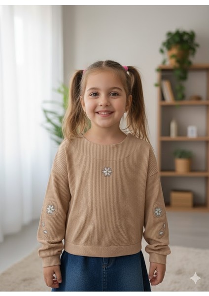 kız Çocuk Fitilli Taş Işlemeli Nakışlı Sweat Bluz Kaşkorse