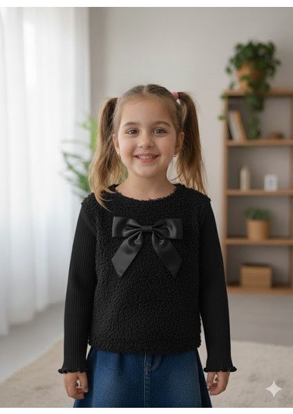 kışlık Fuzzy/peluş Gövdeli Fitilli Kollu Süveter Görünümlü Kız Çocuk Sweat Bluz