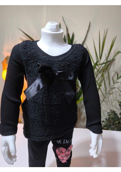 kışlık Fuzzy/peluş Gövdeli Fitilli Kollu Süveter Görünümlü Kız Çocuk Sweat Bluz