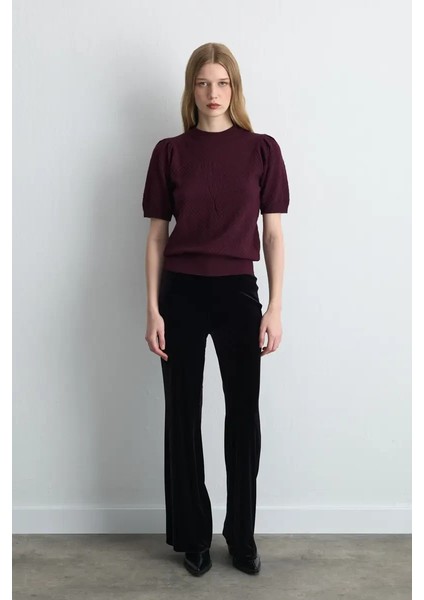 Gül Kabartmalı Ajurlu Viskon Triko Bluz - Mürdüm fiyatları