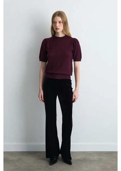 Gül Kabartmalı Ajurlu Viskon Triko Bluz - Mürdüm modelleri