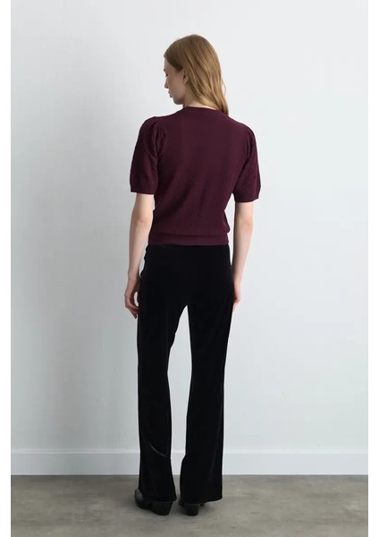 Gül Kabartmalı Ajurlu Viskon Triko Bluz - Mürdüm indirimleri