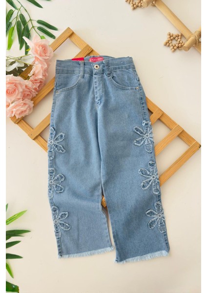 Kenarı Papatya Şerit Detaylı Kız Çocuk Yumuşak kot pantolon - Mavi