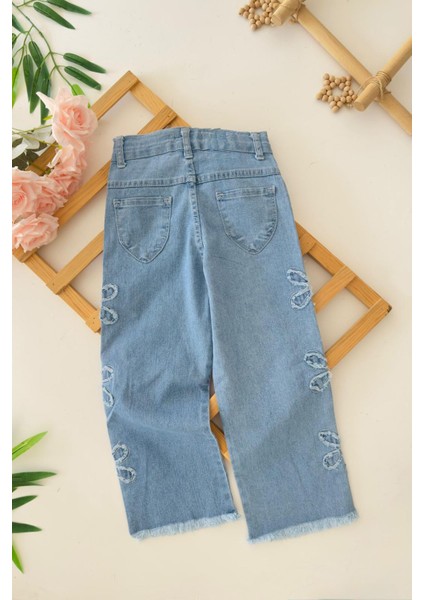 Kenarı Papatya Şerit Detaylı Kız Çocuk Yumuşak kot pantolon - Mavi fiyatları