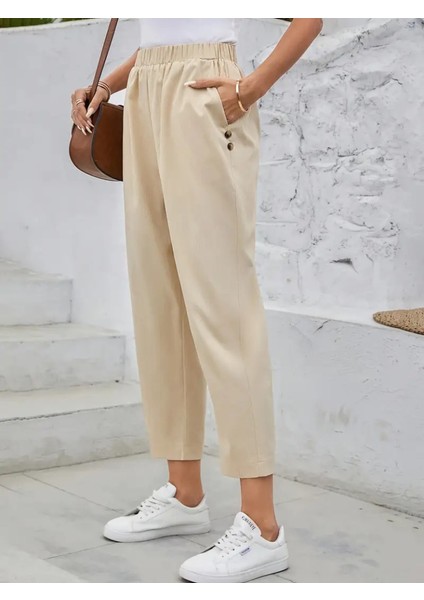 Kadın Yüksek Bel Yandan Cepli Düğme Detaylı Geniş Kesim Ithal Krep Pantolon fırsatları