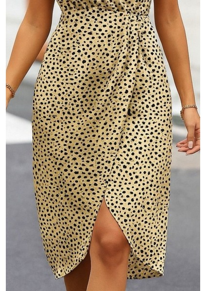 Kadın Sıfır Kol Kruvaze Yaka Önden Çapraz Kesim Detaylı Desenli Oysho Süprem Elbise modelleri