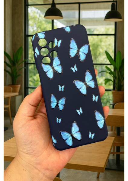 Samsung Galaxy A13 Uyumlu Mavi Kelebek Desenli Silikon Darbe Emici Klasik Korumalı Rubber Kılıf
