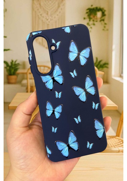 Samsung Galaxy A56 Uyumlu Mavi Kelebek Desenli Silikon Darbe Emici Klasik Korumalı Rubber Kılıf