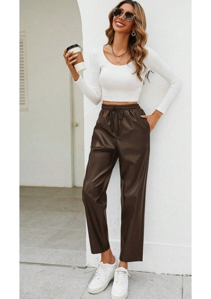 Kadın Yüksel Bel Bağcıklı Deri Pantolon fiyatları