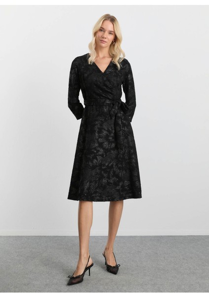 Kruvaze Yaka Simli Siyah Standart Kadın Elbise 25KSL7705