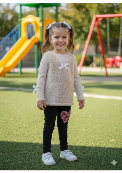 kışlık Fuzzy/peluş Gövdeli Fitilli Kollu Süveter Görünümlü Kız Çocuk Sweat Bluz