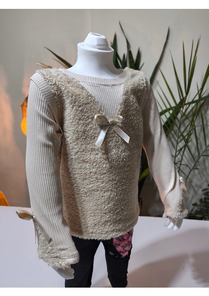 kışlık Fuzzy/peluş Gövdeli Fitilli Kollu Süveter Görünümlü Kız Çocuk Sweat Bluz