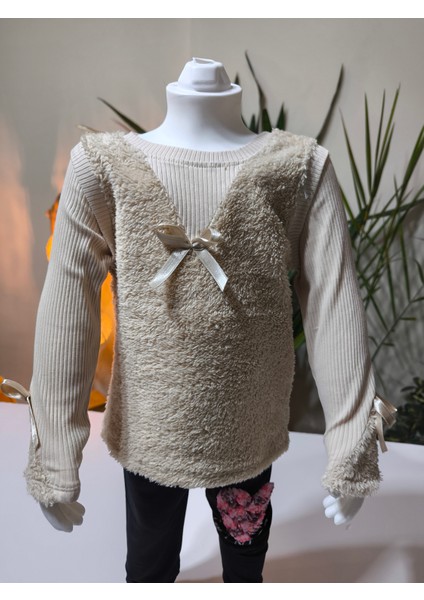 kışlık Fuzzy/peluş Gövdeli Fitilli Kollu Süveter Görünümlü Kız Çocuk Sweat Bluz