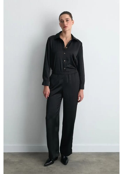 Krinkıl Bol Paça Saten Pantolon - Siyah modelleri