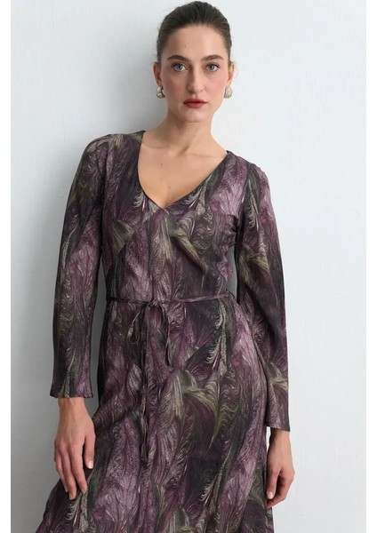 Anka Koleksiyonu V Yakalı Desenli Uzun Elbise - Mürdüm fiyatları