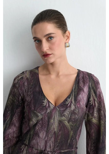 Anka Koleksiyonu V Yakalı Desenli Uzun Elbise - Mürdüm modelleri